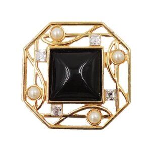 Vintage 1980s Monet Deco Style Goldtone Faux-Onyx & Pearl Brooch